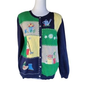 Vintage Alfred Dunner Cotton Blend Gardening Embroidered Cardigan Size P Medium